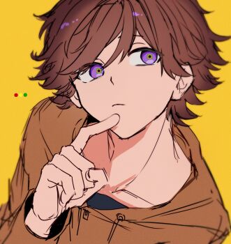 1boy brown_eyes closed_mouth commentary eyes_visible_through_hair hands_up highres hino_eiji index_finger_raised kamen_rider kamen_rider_ooo_(series) long_sleeves male_focus orange_background p_(puddingummy) purple_eyes short_hair simple_background solo symbol-only_commentary