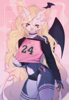 1girl abstract_background absurdres animal_ear_piercing animal_ears animal_nose artist_name bat_ears bat_girl bat_tail bat_wings black_choker black_skin black_sleeves black_wings blonde_hair blurry choker closed_mouth collarbone colored_skin commentary commission cowboy_shot cropped_shirt cross_background depth_of_field detached_wings double_horizontal_stripe double_vertical_stripe english_commentary extra_eyes eyelashes face_piercing fangs fangs_out furry furry_female gold_claws gold_piercing head_wings highleg_shorts highres holding holding_shirt holding_unworn_clothes huge_ears jewelry lace-up_shorts long_hair long_sleeves looking_at_viewer midriff multicolored_skin noisykoala nose_piercing number_print original outline outside_border piercing pink_background pink_outline pink_shirt raglan_sleeves red_eyes ribbon_print ring shirt shorts single_bare_shoulder smile tail tail_ornament tail_ring taut_clothes taut_shorts thick_lips thighhighs two-tone_shirt two-tone_skin unworn_shirt very_long_hair wavy_hair white_skin white_thighhighs wings