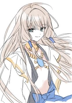 1boy androgynous blonde_hair blue_bow bow capelet closed_mouth commentary_request fate/grand_order fate_(series) floating_hair gold_necklace green_eyes hair_between_eyes hair_ornament hair_tubes highres jacket jewelry korean_commentary long_hair long_sleeves looking_at_viewer male_focus necklace noah_(fate) open_clothes open_jacket sidelocks simple_background smile solo syst098 upper_body white_background white_capelet white_jacket wide_sleeves