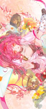 1girl absurdres black_choker black_shirt breasts bug butterfly chips_ahoy! choker envelope hairband highres index_finger_raised insect jacket jewelry long_hair looking_at_viewer lupa_(wuthering_waves) medium_breasts mian_tu_qiu necklace official_alternate_costume parted_lips phonograph pink_hair pink_jacket red_hairband shirt single_off_shoulder solo star_(symbol) star_necklace thighs twintails wuthering_waves yellow_butterfly yellow_eyes