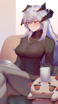 1girl absurdres alternate_costume arknights black_dress breasts closed_mouth coffee_mug couch crossed_legs cup dragon_horns dress grey_hair grey_pantyhose highres horns large_breasts long_hair long_sleeves mug najashi on_couch orange_eyes pantyhose pillow reading saria_(arknights) sitting solo