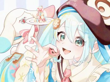 Rule 34 | 1girl, absurdres, apron, aqua eyes, aqua hair, beret, blush, brown hat, commentary request, cookie hair ornament, fang, food, food-themed hair ornament, fortissimo, frilled apron, frills, fur-trimmed sleeves, fur trim, hair between eyes, hair ornament, hat, hatsune miku, highres, holding, holding food, holding plate, long hair, looking at viewer, musical note, musical note hair ornament, necktie, official alternate costume, official alternate hairstyle, open mouth, pink necktie, plate, rabbit yukine, shiika0225, short sleeves, skin fang, smile, solo, twintails, upper body, very long hair, vocaloid, white apron, wide sleeves, yuki miku, yuki miku (2026)