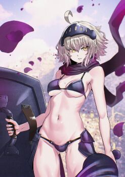 1girl absurdres ahoge bare_shoulders breasts cleavage fate/grand_order fate_(series) fukou grey_hair highres jeanne_d&#039;arc_alter_(fate) lance large_breasts looking_at_viewer navel polearm shield short_hair solo weapon yellow_eyes