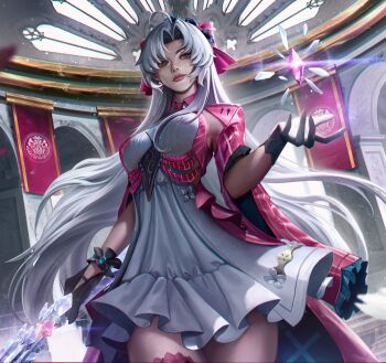 Rule 34 | 1girl, ahoge, black gloves, blue eyes, bow, breasts, carlotta (wuthering waves), closed mouth, coat, commentary, cowboy shot, crystal, dress, earrings, gloves, gun, hair bow, hand up, highres, holding, holding gun, holding weapon, indoors, jewelry, long hair, looking at viewer, medium breasts, nervi fd, parted bangs, pink bow, pink coat, rifle, short dress, solo, thighs, very long hair, weapon, white dress, white hair, wuthering waves