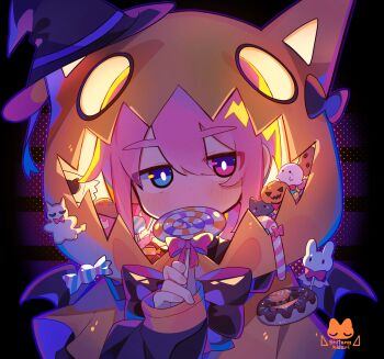 1boy animal_ear_hood animal_ears artist_logo backlighting bat_(animal) bat_wings black_bow black_bowtie black_wings blue_eyes bow bowtie bright_pupils candy candy_cane closed_mouth donut fake_animal_ears food ghost gingerbread_cookie gingerbread_man halloween hand_up happy_halloween hat heterochromia highres holding holding_candy holding_food holding_lollipop hood hood_up hoodie jack-o'-lantern logo lollipop long_sleeves looking_at_viewer male_focus orange_hoodie original pink_bow pink_eyes pink_hair raito-kun_(uenomigi) short_hair solo trap uenomigi upper_body white_pupils wings witch_hat wrapped_candy