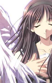 1girl absurdres angel_wings black_hairband bow bowtie brown_hair closed_eyes hairband hand_on_own_chest highres hizuki_ayaka long_hair memories_off memories_off_1 non-web_source official_art smile wings