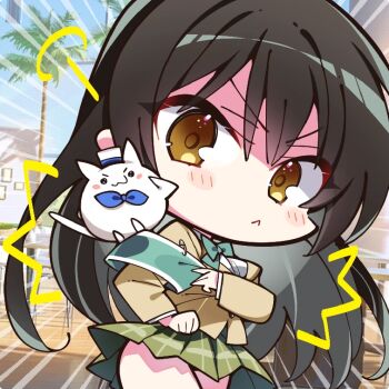 1girl :< ^^^ armband azur_lane black_hair blush_stickers bow bowtie brown_eyes chibi chibi_only chinese_commentary clenched_hand closed_mouth commentary_request cowboy_shot day frown green_armband green_bow green_bowtie green_skirt hair_between_eyes hand_up jacket komowata_haruka kotegawa_yui long_hair long_sleeves looking_at_viewer miniskirt official_art outdoors plaid_clothes plaid_skirt pleated_skirt puff_of_air sainan_high_school_uniform school_uniform skirt solo third-party_source to_love-ru v-shaped_eyebrows very_long_hair yellow_jacket