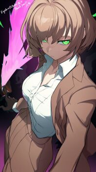 1girl black_claws breasts brown_hair brown_jacket brown_pants claws collared_shirt commission dress_shirt evie_(explosifchoker) floating_clothes formal_clothes frown green_eyes hata4564 highres jacket large_breasts looking_at_viewer open_clothes open_jacket original pants shirt shirt_tucked_in short_hair skeb_commission solo suit suit_jacket taut_clothes taut_shirt white_shirt