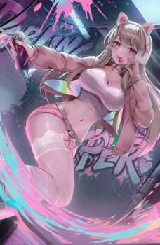1girl animal_ear_headphones animal_ears blonde_hair blush breasts candy cat_ear_headphones cat_ears choker cleavage commentary crop_top dutch_angle elias2art fake_animal_ears fishnet_pantyhose fishnets food goddess_of_victory:_nikke graffiti headphones highres holding holding_candy holding_food holding_lollipop holding_spray_can horns jacket large_breasts lollipop long_hair looking_at_viewer navel open_clothes open_jacket paint_splatter pantyhose pink_eyes solo spray_can standing standing_on_one_leg tongue very_long_hair viper_(nikke) viper_(punky_street)_(nikke) white_choker