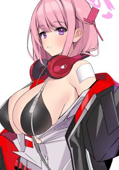 1girl ammunition bare_shoulders bikini black_bikini black_jacket blue_archive blush breasts cleavage commentary_request eimi_(blue_archive) halo headphones headphones_around_neck highres jacket large_breasts long_hair looking_at_viewer nakano_kura open_clothes open_shirt parted_lips partially_unbuttoned pink_hair pink_halo purple_eyes shirt shotgun_shell solo swimsuit white_shirt zipper_bikini