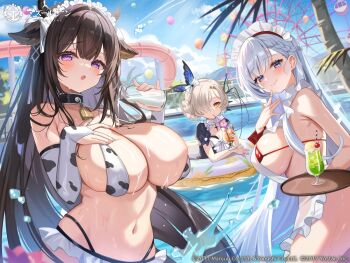 3girls :o amusement_park animal_ears animal_print apron azur_lane bare_shoulders belfast_(azur_lane) belfast_(blissful_service)_(azur_lane) bell bikini black_choker black_hair black_horns blue_eyes blush bottle bow braid breasts bridal_gauntlets butterfly_hair_ornament cherry choker closed_mouth copyright_name copyright_notice cow_ears cow_print cow_print_bikini cup drinking_straw ferris_wheel finger_to_mouth food frilled_apron frilled_bikini frills fruit gloves grey_hair hair_bow hair_ornament hair_over_one_eye half_up_braid hand_on_own_chest holding holding_cup holding_tray horns huge_breasts innertube kashino_(azur_lane) kashino_(fresh_and_sweet)_(azur_lane) large_breasts long_hair looking_at_viewer maid_headdress milk_bottle multi-strapped_bikini_bottom multiple_girls navel official_alternate_costume official_art outdoors palm_tree partially_submerged print_bikini puffy_short_sleeves puffy_sleeves purple_eyes red_bikini satoupote second-party_source sheffield_(azur_lane) sheffield_(occult_clash)_(azur_lane) short_sleeves smile swim_ring swimsuit tray tree very_long_hair water_slide wet white_apron white_bikini white_bow white_gloves white_hair yellow_eyes