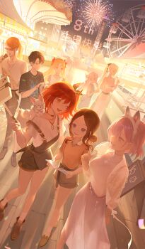2boys 6+girls :d ;d aerial_fireworks amusement_park animal_ear_hairband animal_ears black_hair blonde_hair blue_eyes breasts brown_hair carousel casual cellphone chaldea_logo chinese_commentary commentary_request creature creature_on_shoulder dutch_angle echosdoodle fake_animal_ears fate/grand_order fate_(series) ferris_wheel fireworks fou_(fate) fujimaru_ritsuka_(female) fujimaru_ritsuka_(male) game_cg hair_over_one_eye hairband holding leonardo_da_vinci_(fate) leonardo_da_vinci_(fate/grand_order) leonardo_da_vinci_(rider)_(fate) mash_kyrielight medium_breasts melusine_(fate) morgan_le_fay_(fate) multiple_boys multiple_girls night night_sky official_alternate_costume official_art on_shoulder one_eye_closed one_side_up open_mouth orange_hair outdoors overalls phone purple_eyes purple_hair red_eyes selfie_stick sidelocks sky small_breasts smartphone smile tezcatlipoca_(fate) third-party_source two_side_up white_hair