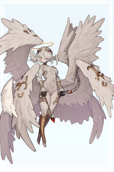 1girl absurdres angel angel_wings arrow_(projectile) blue_background blush boots border bow_(weapon) breasts breasts_apart closed_mouth commentary_request ekrea_jan feather_hair feathered_wings feathers floating full_body groin hair_over_one_eye halo head_wings heart heart_arrow highres holding holding_arrow holding_bow_(weapon) holding_weapon knee_boots looking_at_viewer multiple_wings navel original outside_border short_hair sideboob small_breasts smile solo stomach traditional_halo weapon white_border white_feathers wings yellow_eyes