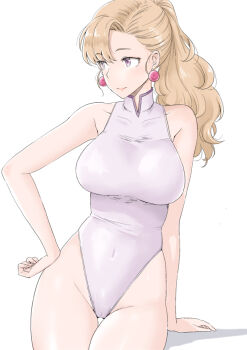 1girl blonde_hair breasts cameltoe commentary_request covered_navel earrings jewelry large_breasts leotard looking_to_the_side original ponytail simple_background smile solo solo_focus taito0630 thigh_gap thighs