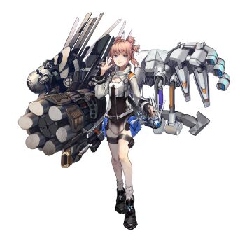 1girl :| absurdres armor bare_legs belt black_shoes black_thighlet blue_eyes breastplate breasts cleavage cleavage_cutout closed_mouth clothing_cutout command_&amp;_conquer command_&amp;_conquer:_red_alert command_&amp;_conquer:_red_alert_2 exoskeleton high_collar highres huge_weapon jewelry knees long_sleeves machine machinery miniskirt multi-tied_hair mys_sk original pink_hair shoes skirt small_breasts socks solo thighlet thighs weapon white_background white_belt white_socks yunru_(mental_omega)