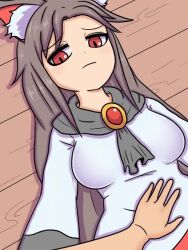 1boy 1girl :3 animal_ear_fluff animal_ears animated belly_rub breasts brooch brown_hair closed_eyes disappointed grabbing_another's_breast groping imaizumi_kagerou jewelry kigan'eiji large_breasts long_hair long_sleeves looking_at_viewer lowres lying molestation nose on_back pov pov_hands red_eyes rubbing sleep_molestation sleeping smile touhou video wolf_ears wolf_girl wooden_floor
