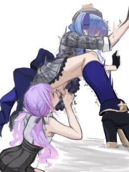 1futa 1girl absurdres ayeon black_boots black_gloves black_skirt blue_hair blue_socks boots cum ejaculation from_side futa_with_female futanari futasub gloves grey_hat grey_skirt handjob hat high_heel_boots high_heels highres hololive hoshimachi_suisei hoshimachi_suisei_(1st_costume) long_hair oral penis projectile_cum purple_hair shirt shirt_tucked_in simple_background single_sock skirt socks testicle_sucking testicles tokoyami_towa tokoyami_towa_(jirai_kei) trembling twintails uncensored virtual_youtuber white_background white_shirt