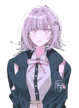 Rule 34 | 1girl, artist name, black jacket, closed mouth, collared shirt, commentary request, danganronpa (series), danganronpa 2: goodbye despair, dress shirt, hair ornament, highres, hood, hood down, hooded jacket, jacket, medium hair, nanami chiaki, neck ribbon, open clothes, open jacket, pink eyes, pink ribbon, ribbon, shirt, simple background, solo, tanaka susu, upper body, white background, white shirt