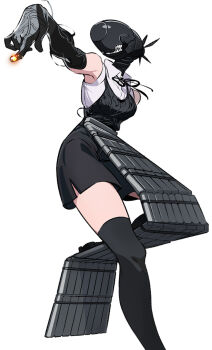 1girl bare_arms bare_shoulders black_thighhighs bomb_devil_(chainsaw_man) chainsaw_man collared_shirt dress_shirt dynamite explosive fire foot_out_of_frame high-waist_shorts highres leg_up material_growth refus reze_(chainsaw_man) shirt shorts simple_background sleeveless sleeveless_shirt solo thighhighs white_background white_shirt