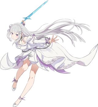 1girl ankle_bow ankle_ribbon bare_legs bare_shoulders bow braid breasts chain cleavage crown_braid crystal_sword dress elf emilia_(re:zero) flower full_body hair_flower hair_ornament hair_ribbon halterneck highres holding holding_weapon leaning_forward leg_ribbon long_hair long_sleeves looking_at_viewer medium_breasts nanatsu_no_taizai nanatsu_no_taizai_grand_cross off-shoulder_dress off_shoulder official_alternate_costume official_art outstretched_hand pointy_ears puffy_sleeves purple_eyes purple_ribbon re:zero_kara_hajimeru_isekai_seikatsu ribbon rose shoes smile solo straight_bangs sword transparent_background variant_set very_long_hair weapon white_dress white_flower white_hair white_rose white_shoes x_hair_ornament