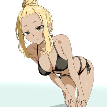 1girl bikini black_bikini blonde_hair breasts brown_eyes cleavage closed_mouth cowboy_shot gradient_background halterneck hands_on_own_knees hashtag-only_commentary ichinose_karina leaning_forward looking_at_viewer manemane_nichinichi medium_breasts multi-strapped_bikini_bottom navel ruri_(ruri_) side-tie_bikini_bottom sidelocks smile solo string_bikini swimsuit white_background