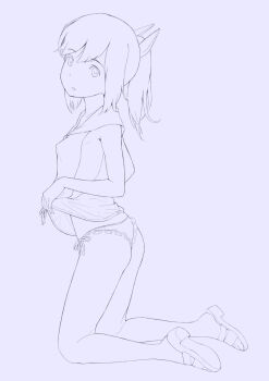 1girl :o ass clothes_lift dot_nose frilled_panties frills from_side full_body hair_between_eyes i-401_(kancolle) kantai_collection kneeling lifting_own_clothes lineart looking_at_viewer looking_to_the_side monochrome no_socks open_mouth panties parted_bangs ponytail purple_background sailor_collar sandals shirt_lift shoes short_hair side-tie_panties side-tie_shirt sidelocks simple_background thighs underwear wa_(genryusui)