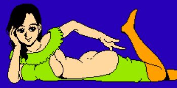 1girl ascii_media_works ass black_eyes black_hair blue_background bodysuit breasts butt_crack collarbone green_bodysuit itadaki_street large_breasts long_hair lying pixel_art saiwai_hiroshi smile