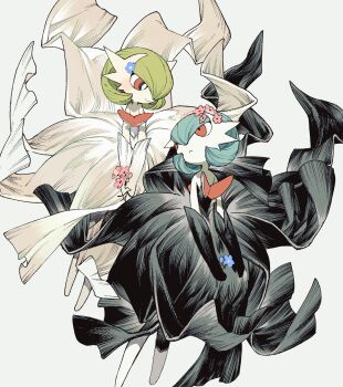 Rule 34 | 2girls, alternate color, aqua hair, black dress, blue flower, closed mouth, colored skin, commentary request, dress, floating clothes, flower, full body, gardevoir, gen 3 pokemon, green hair, hair flower, hair ornament, highres, holding, holding flower, light frown, light smile, looking at another, mega gardevoir, mega pokemon, multiple girls, newo (shinra-p), nintendo, pink flower, pokemon, pokemon (creature), red eyes, shiny pokemon, white background, white dress, white skin