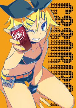 1girl belt between_legs bikini bikini_shorts black_bow black_choker black_shorts blonde_hair blue_eyes bow can can_to_cheek choker collarbone commentary_request drink_can fang from_above full_body grin hair_between_eyes hair_bow hair_ornament hairpin hand_between_legs kagamine_rin kagamine_rin_(black_star) looking_at_viewer multiple_hairpins navel negi_(ulog'be) one_eye_closed orange_background short_shorts shorts sitting smile soda_can solo swimsuit vocaloid wariza wristband yellow_belt yellow_nails