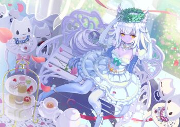 &gt;:( 1girl animal_ear_fluff animal_ears arms_up bare_shoulders blue_dress blue_gloves blue_pantyhose breasts closed_mouth commentary_request cup curtains dress elbow_gloves fur-trimmed_dress fur-trimmed_gloves fur_trim gloves grey_hair highres knees_together_feet_apart long_hair looking_at_viewer on_bench orange_eyes original pantyhose petals pleated_dress rin2008 saucer sitting small_breasts solo_focus strapless strapless_dress tail teacup teapot tiered_tray v-shaped_eyebrows very_long_hair