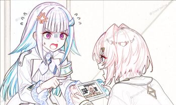 2girls ange_katrina anger_vein angry armband collared_shrug commentary_request flying_sweatdrops frilled_sleeves frills hair_ornament hand_up handheld_game_console holding holding_handheld_game_console lineart linedrawing_man lize_helesta lize_helesta_(1st_costume) long_hair long_sidelocks long_sleeves looking_at_another medium_hair multiple_girls neckerchief nijisanji nintendo_switch open_mouth partially_colored playing_games pointing pointing_at_another purple_eyes shrug_(clothing) sidelocks sweatdrop triangle_hair_ornament turn_pale twitter_username v-shaped_eyebrows very_long_hair video_game virtual_youtuber watermark