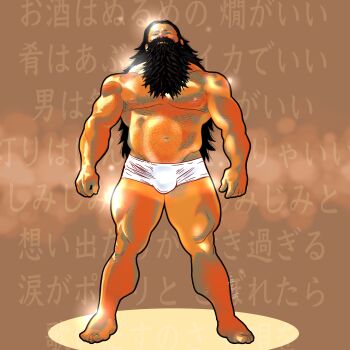 1boy abs absurdres alternate_muscle_size bara beard boxer_briefs brown_theme bulge closed_eyes da_(arttatsu1) dungeon_meshi dwarf facial_hair full_beard full_body hairy highres large_pectorals long_beard male_focus male_underwear mature_male muscular muscular_male mustache navel nipples pectorals senshi_(dungeon_meshi) shiny_skin solo standing stomach strongman_waist tan thick_beard thick_eyebrows thick_mustache thick_thighs thighs thighs_together topless_male translation_request underwear very_long_beard white_male_underwear