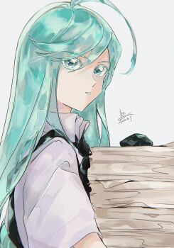 1other ahoge alexandrite_(houseki_no_kuni) androgynous aqua_eyes aqua_hair black_necktie collared_shirt colored_eyelashes crystal_hair dated from_side gem gem_uniform_(houseki_no_kuni) hair_between_eyes hashtag-only_commentary highres houseki_no_kuni long_hair looking_to_the_side necktie other_focus paper_stack rokipanda shirt signature simple_background solo translucent_hair upper_body white_shirt