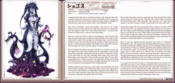 1girl alternate_language apron black_eyes black_hair black_sclera blue_skin breasts character_profile colored_sclera colored_skin eldritch_abomination english_text extra_tongue female_focus frills frying_pan hair_brush hard-translated headband kenkou_cross looking_at_viewer medium_breasts monster_girl monster_girl_encyclopedia monster_girl_encyclopedia_ii official_art shoggoth shoggoth_(monster_girl_encyclopedia) simple_background slime_girl smile solo tentacles tentacles_under_clothes third-party_edit toothbrush