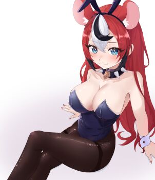 1girl :3 absurdres alternate_costume animal_ear_fluff animal_ear_hairband animal_ears arm_support black_hair black_streaks black_thighhighs blue_eyes breasts burger cleavage collar commentary crossed_legs double-parted_bangs fake_animal_ears food hair_between_eyes hair_down hairband hakos_baelz highres hololive hololive_english large_breasts long_hair looking_at_viewer mouse_ears mouse_tail multicolored_hair nail_polish pantyhose playboy_bunny pyrokuro rabbit_ear_hairband rabbit_ears red_hair sitting spiked_collar spikes tail thighhighs thighs virtual_youtuber white_background white_hair white_wrist_cuffs wrist_cuffs