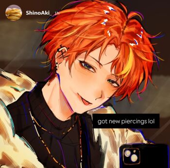 1boy :p blonde_hair commentary ear_piercing english_commentary english_text highres jewelry kreio_(revlucent) looking_at_viewer male_focus multicolored_hair necklace official_alternate_costume official_alternate_hairstyle orange_hair over_rad_squad!!_(project_sekai) parted_hair piercing project_sekai shinonome_akito short_hair solo streaked_hair tongue tongue_out two-tone_hair upper_body