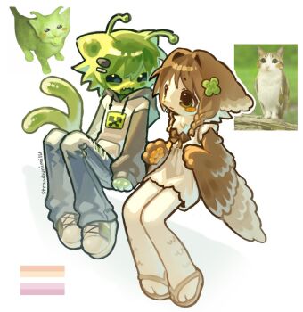 2girls alienposting_(meme) androgynous animal_ears animal_hands antennae bird_ears bird_girl blush_stickers braid brown_hair brown_sandals cameo cat_ears cat_girl cat_tail clover_hair_ornament couple creeper denim dress eye_contact fang flat_chest flip-flops forked_tail four-leaf_clover_hair_ornament full_body furry furry_female furry_with_furry green_fur green_hair green_shoes hair_ornament harpy highres hood hood_down hoodie invisible_chair jeans lesbian_flag long_sleeves looking_at_another meme meowl_(meme) minecraft monster_girl multiple_girls open_mouth original owl_ears owl_girl pants pawpads personification reference_inset sandals shoes short_hair simple_background sitting skin_fang sneakers strawbunimilk tail white_background white_dress white_hoodie yuri