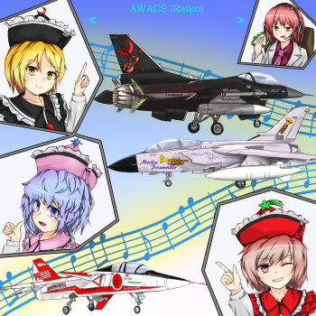 4girls ace_combat ace_combat_7 aircraft airplane black_hat black_vest blonde_hair blue_eyes blue_hair brown_eyes brown_hair character_name closed_mouth collared_shirt commentary crescent crescent_hat_ornament crescent_print f-16_fighting_falcon food frilled_hat frilled_shirt_collar frills galm_x_lmr_(ryonasa) grin hat hat_ornament headset highres holding holding_food holding_sandwich horikawa_raiko jacket long_sleeves looking_at_viewer lunasa_prismriver lyrica_prismriver medium_hair merlin_prismriver microphone multiple_girls musical_note musical_note_print musical_staff necktie one_eye_closed open_clothes open_jacket open_mouth piano_print pink_hat pink_vest purple_necktie red_eyes red_hair red_hat red_shirt red_vest sandwich shirt short_hair sky smile star_(symbol) star_hat_ornament sun_hat_ornament touhou trumpet_print vehicle_request vest violin_print white_jacket white_shirt yellow_eyes