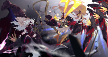 Rule 34 | 2girls, 2others, absurdres, ahoge, armpits, artery gear, artery gear: fusion, bare shoulders, battle, battlefield, blonde hair, blood, blue eyes, blurry, breasts, claw (weapon), claws, clenched teeth, condor (artery gear), covered navel, eyepatch, flying, groin, halterneck, heattech leotard, highres, holding, holding weapon, huge ahoge, large breasts, leaning back, leotard, long hair, mecha musume, mechanical arms, mechanical legs, mechabare, mechanical wings, medium breasts, milvus (artery gear), multiple girls, multiple others, open mouth, single mechanical arm, sparks, spotlight, teeth, thighhighs, thighs, turtleneck, v-shaped eyebrows, very long hair, weapon, white hair, wings, zhu fun