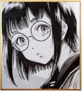 1girl closed_mouth commentary_request expressionless eyelashes glasses greyscale looking_at_viewer looking_to_the_side makomako1061 monochrome original photo_(medium) portrait round_eyewear sailor_collar shikishi short_hair sidelocks solo traditional_media turning_head