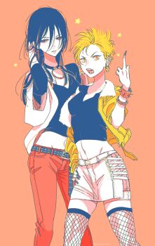 2girls :o asaichi_(yoru_to_asa_no_uta) asymmetrical_bangs belt belt_buckle black_belt black_hair black_nails black_shirt blonde_hair bracelet breasts buckle captive_bead_ring choker choppy_bangs commentary_request contrapposto cowboy_shot crop_top cropped_jacket ear_piercing earrings expressionless fingernails fishnet_thighhighs fishnets fur-trimmed_jacket fur_trim furrowed_brow genderswap genderswap_(mtf) glint groin hair_between_eyes hand_in_own_hair hand_on_own_hip hand_up harada hatching_(texture) height_difference highres hoop_earrings jacket jewelry legs_apart linear_hatching long_bangs long_belt long_fingernails long_hair looking_down looking_to_the_side medium_breasts middle_finger miniskirt multiple_bracelets multiple_girls navel necklace notched_neckline o-ring o-ring_choker open_clothes open_jacket open_mouth pale_skin pants parted_lips piercing pink_background pink_lips red_eyes red_pants shirt short_eyebrows short_hair shorts shorts_under_skirt sideways_glance single_off_shoulder skirt sleeves_pushed_up spiked_bracelet spiked_ear_piercing spiked_hair spikes star_(symbol) thighhighs v-neck v-shaped_eyebrows very_short_hair white_jacket white_shorts white_skirt yellow_eyes yoru_(yoru_to_asa_no_uta) yoru_to_asa_no_uta