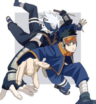 Rule 34 | 2boys, absurdres, back-to-back, black hair, blue jacket, blue pants, closed mouth, forehead protector, goggles, goggles on head, grey hair, hatake kakashi, highres, jacket, long sleeves, looking at viewer, male focus, mask, mouth mask, multiple boys, naruto (series), naruto shippuuden, open clothes, open jacket, pants, pnpk 1013, short hair, spiked hair, twitter username, uchiha obito