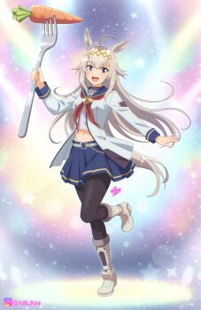 1girl ahoge animal_ears blue_eyes blue_sailor_collar blue_skirt blush boots brooch carrot ear_ornament fork grey_hair grey_tail hair_between_eyes hair_ornament hairband highres holding holding_fork horse_ears horse_girl horse_tail jacket jewelry long_hair long_sleeves meiji_(kurumierika) midriff multicolored_hair navel neckerchief oguri_cap_(starlight_beat)_(umamusume) oguri_cap_(umamusume) open_mouth panty_straps pleated_skirt red_neckerchief sailor_collar shirt skirt smile solo star_(symbol) star_brooch tail umamusume white_boots white_jacket white_shirt