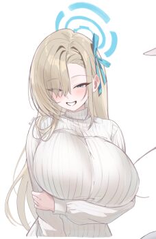 1girl asuna_(blue_archive) blonde_hair blue_archive blue_eyes blue_halo blush breasts chico_(51m741) commentary grin hair_over_one_eye hair_ribbon halo large_breasts long_hair looking_at_viewer ribbon smile solo sweater turtleneck turtleneck_sweater very_long_hair white_sweater