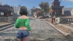 3d animated ass black_hair breasts cleavage crop_top denim denim_shorts fallout fallout_4 green_eyes kyoumachi_seika large_breasts running short_hair short_shorts shorts sound tagme thick_thighs thighs video voiceroid