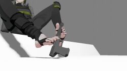 1girl 2024 3d animated arm_rest asymmetrical_horns between_toes black_gloves black_nails black_pants black_shirt collarbone er_ling_balu feet female_focus fingerless_gloves foot_grab foot_out_of_frame gloves green_hair grey_jacket grin gun hair_between_eyes handgun harness head_out_of_frame holding holding_gun holding_weapon holding_with_feet horns jacket knee_pads leg_up legs_apart long_hair long_sleeves looking_at_viewer nail_polish original pants pistol pointy_ears ponytail reloading shadow shirt simple_background smile solo stirrup_legwear thigh_strap toe_scrunch toeless_legwear toenail_polish toenails toes video weapon