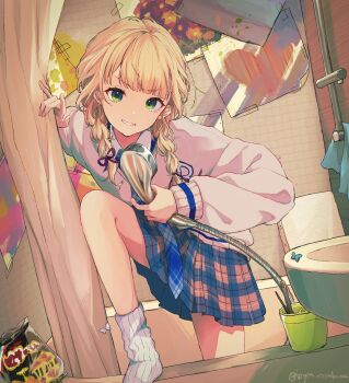 1girl absurdres bathroom blonde_hair blue_necktie blue_skirt braid bug butterfly bym_osakana chips_(food) cowboy_shot crew_neck cup curtain_grab curtains dot_nose food green_eyes hair_ribbon hands_up hashtag-only_commentary head_tilt highres holding indoors insect jacket kaburaki_roco kaburaki_roco_(school_uniform) leaning_forward legs long_sleeves looking_at_viewer loose_socks medium_hair microskirt necktie nijisanji open_mouth parted_lips plaid_clothes plaid_necktie plaid_skirt pleated_skirt purple_ribbon pushing ribbon school_uniform shower_head single_sock sink skirt smile snack socks solo standing sweater teeth thighs twin_braids twitter_username virtual_youtuber white_pelvic_curtain white_socks white_sweater
