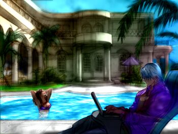 1boy 1girl bikini blue_sky brown_hair collared_shirt computer game_cg hair_over_eyes in_water kawano_takuji laptop lee_chaolan long_hair mansion official_art palm_tree pool poolside purple_shirt shirt sitting sky swimsuit tekken tekken_4 tree white_hair