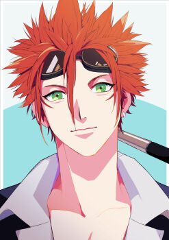 Rule 34 | 1boy, baton (weapon), collarbone, collared shirt, commentary request, earrings, facial mark, final fantasy, final fantasy vii, formal clothes, goggles, goggles on head, green eyes, highres, jacket, jewelry, light smile, looking at viewer, male focus, nahogiisio, over shoulder, partially unbuttoned, portrait, red hair, reno (ff7), shirt, single earring, smile, solo, spiked hair, suit, weapon, weapon over shoulder, white shirt