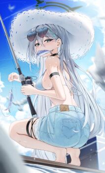 1girl absurdres animal_ear_fluff animal_ears arch_a4 arm_strap barefoot bikini bikini_top_only black_choker blue_archive blue_bikini blue_shorts blue_sky blush breasts broken_halo choker commentary cross cross_hair_ornament dark_halo day denim denim_shorts english_commentary extra_ears eyewear_on_head fish fish_in_mouth fishing fishing_rod from_behind grey_hair hair_between_eyes hair_ornament halo hat heart heart-shaped_eyewear highres holding holding_fishing_rod inverted_cross large_breasts long_hair looking_at_viewer mismatched_pupils mouth_hold outdoors shiroko_terror_(blue_archive) shorts sky solo squatting sun_hat sweat swimsuit thigh_strap tiptoes very_long_hair white_hat wolf_ears wolf_girl